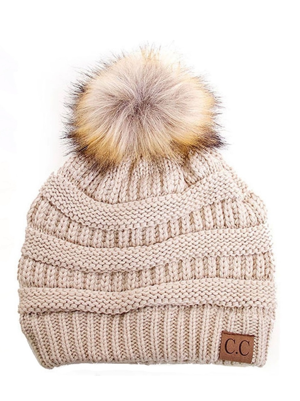 C.C Women’s Knit Pom Beanie in Cream with Faux Fur